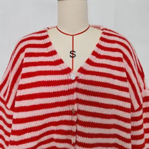 Women's V-neck long sleeve knit cardigan, casual striped colorblock sweater top for daily wear.