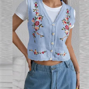 Fashionable embroidered sleeveless knit vest for women, perfect for layering and daily wear.