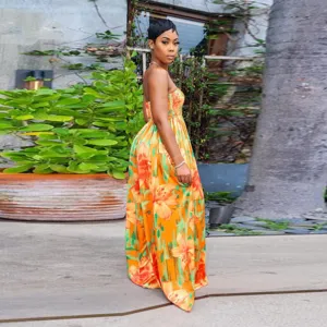 Stunning floral print strapless wide leg jumpsuit, perfect for summer casual and party wear.