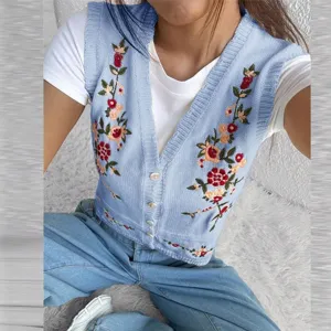 Chic floral embroidered knit vest for women V-neck sleeveless sweater trendy layering tops