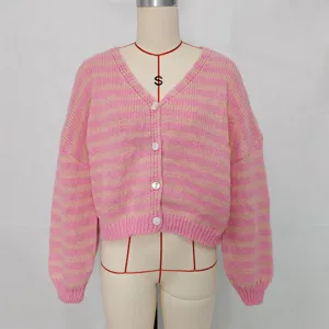Pink beige striped V-neck long sleeve knit cardigan, casual fashion autumn winter daily wear.