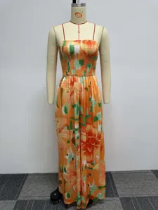 Women's strapless floral print jumpsuit, high stretch smocked tube top wide leg pants.