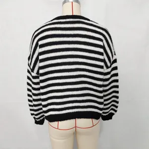 Black and white striped knit cardigan for women, casual long sleeve sweater top for autumn and winter.