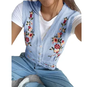 Women vintage floral embroidered knit vest casual v-neck button down sweater tank top chic