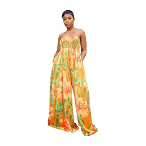 Women fashion floral print strapless sleeveless loose wide leg long jumpsuit casual outfit