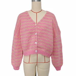 Pink striped V-neck cardigan women knit sweater long sleeve chic button down top outerwear