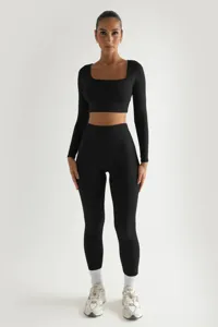 Σετ γιόγκα ριμπ μονόχρωμο με μακρυμάνικο crop top και κολάν για γυναικεία αθλητικά ρούχα
