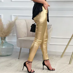 Gynaika metallika chrysa pu dermatina steno pantaloni psilomeso slim fit moda style.