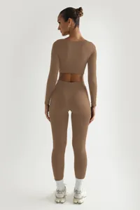 Σet γιόγκα σετ ριμπ μονόχρωμο μακρυμάνικο crop top και στενό κολάν γυναικείο αθλητικό.