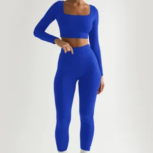 Μονόχρωμο ριμπ μακρυμάνικο crop top τετραγωνισμένο λαιμό και στενό κολάν γυναικείο σετ γιόγκα