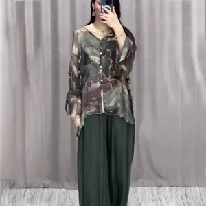 Maglietta Stampata a Manica Lunga con Scollo a V Casual da Donna e Pantaloni Gamba Larga Top And Bottom Outfit Elegante Quotidiano