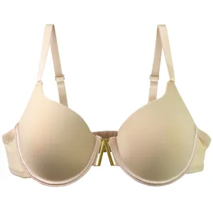 Nude underwire seamless push-up bra with chic front metal V-hardware detail for women.