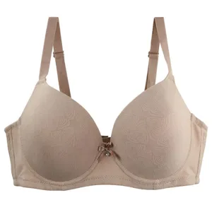 Detailed view of a skin-colored plus size push-up bra with delicate embossed pattern.