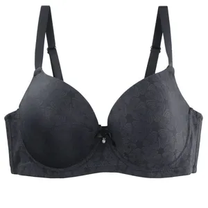 Plus size push-up bra for women, elegant black jacquard underwire support lingerie detail.