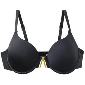 Detail view of sexy black seamless push-up bra featuring a stylish gold V-shaped metal buckle accent.
