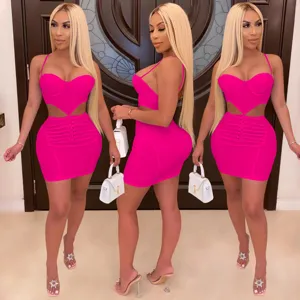 Sexy hot pink cut-out crop top and bodycon mini dress set for women clubwear outfit.