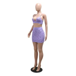 Sexy purple sequin two piece set with cami crop top and bodycon mini skirt for women party.