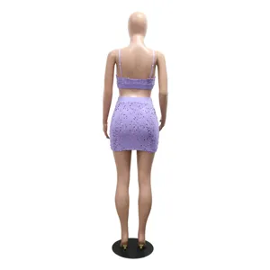 Purple sequin two piece set crop top and bodycon mini skirt detailed back view style