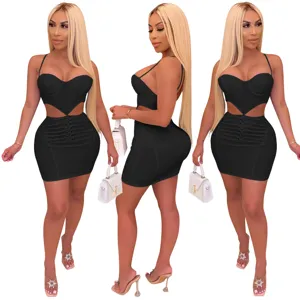Sexy solid color halter backless bodycon mini dress women party clubwear outfit.