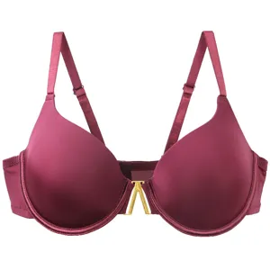 Seamless push-up bra in burgundy, underwire support, front gold V-buckle, adjustable straps.
