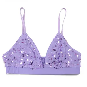 Purple sequin bikini top detail shot, showing sparkling mesh fabric and thin straps.