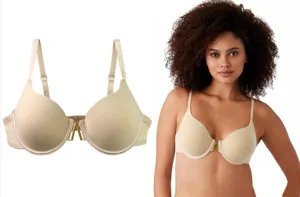 Beige underwired push-up bra with chic center metal hardware detail for elegant daily wear.