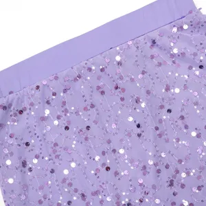 Close-up detail of purple sequin mesh fabric, showing sparkling paillettes and wide waistband.