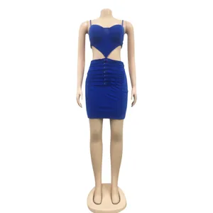 Detailed view of the sexy royal blue cutout strap crop top and bodycon mini skirt set.