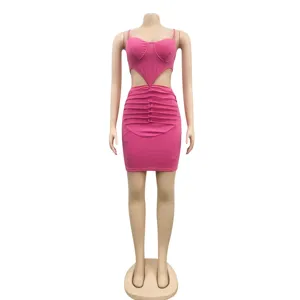 Pink cutout bodycon mini dress, sexy spaghetti strap party dress with ruched details.
