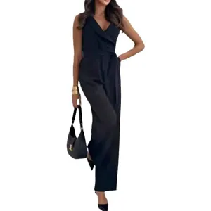 Damen Eleganter Schwarzer Ärmelloser V-Ausschnitt Wickel Overall Gürtel Weites Bein