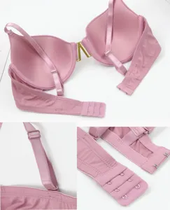 Pink seamless wired push-up thin molded cup bra featuring elegant metal V-ring detail.