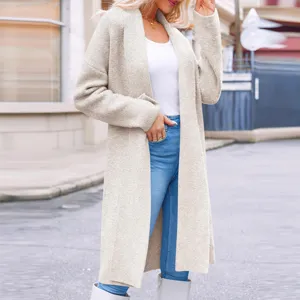 Cardigan lungo da donna in maglia casual aperto davanti elegante moda autunnale outfit