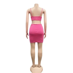 Women pink two piece crop top and high waist bodycon mini skirt set sexy club wear