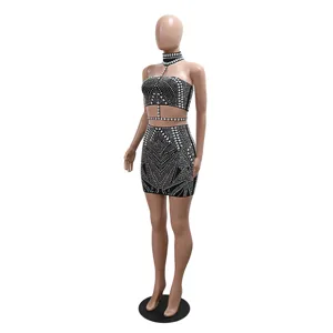 Damen Strass Zweiteiler Outfit ärmellos trägerlos Crop Top und sexy Bodycon Minirock