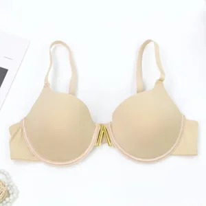 Seamless push up bra for women solid nude color with elegant gold metal V front decor.