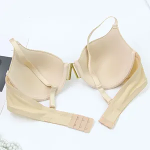Seamless front closure push up bra in solid beige color, comfortable thin molded cup for daily wear.