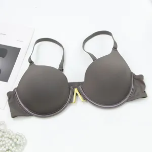 Solid color underwire thin molded cup push up bra featuring elegant metal hardware decor