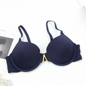 Close-up detail of dark blue bra showing structured underwire and gold metal front clasp.