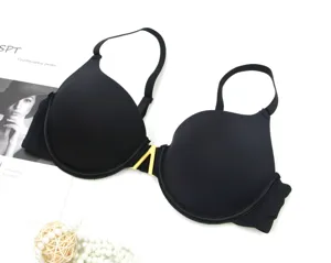 Black push-up bra with underwire, seamless molded cups, and chic gold-tone front metal V clasp.