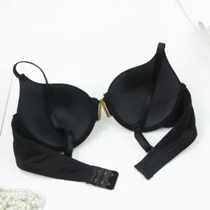 Black underwired thin molded cup seamless sexy bra with front metal V buckle design.