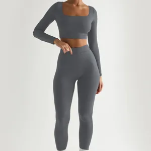 Γυναικείο αθλητικό σετ γιόγκα crop top ριμπ μακρυμάνικο και κολάν ψηλόμεσο ελαστικό