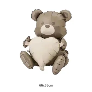Vintage matte brown bear aluminum foil balloon with heart shape, size 66x66cm detail