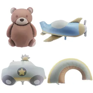 Muted matte foil balloon set featuring teddy bear, airplane, car, and rainbow designs