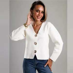 Cárdigan de punto con cuello en V para mujer jersey blanco corto con botones de otoño.