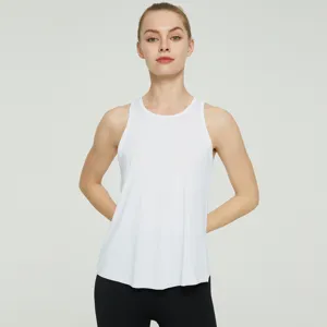 Close-up of white sleeveless sports vest, breathable lightweight fabric for yoga and fitness.