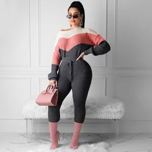 Color-blocked knit sweater and drawstring pants two-piece set, stylish and comfortable outfit.