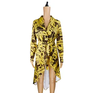 Damen stilvoll retro zeitung druck langaermelig revers unregelmabig saum guertel kleid