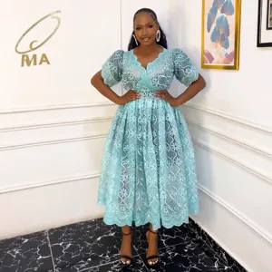 Stylish light blue lace hollow V-neck midi dress for women, elegant fashion apparel.