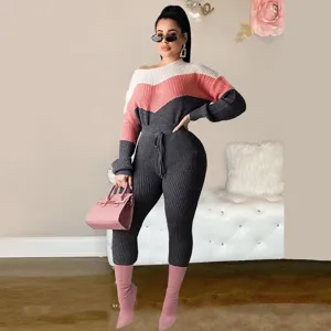 Detailed view of the stylish color-block knitted two-piece set featuring a cozy sweater and pants.