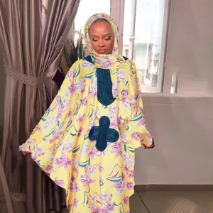 Dames Casual Lange Mouw Maxi Jurk Losse Grote Maten Etnische Bloemenprint Kaftan Rob Met Bijpassende Hoofddoek
